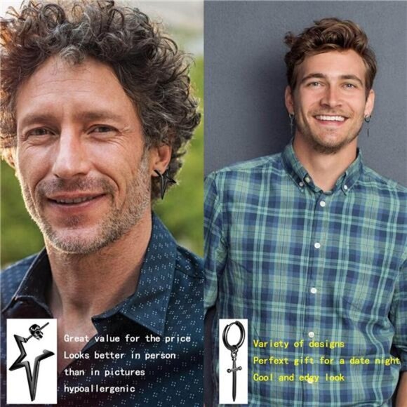 Gothic Punk Earring Set–15 Pairs Black Stainless Steel Studs, Hoops & Drop - Picture 4 of 6